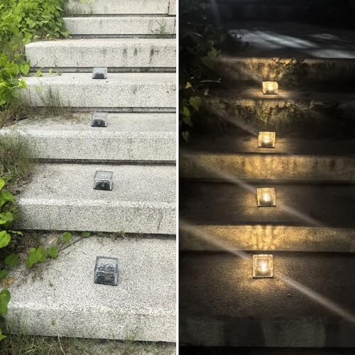 YZYOE 4 pacchetti di LED solare alimentato piccolo mattoni di ghiaccio luci, luce calda all'aperto cortile piastrelle decorative luci in pietra Wireless Crepuscolo all'alba impermeabile.