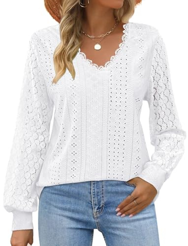 Elesomo Women’s Long Sleeve Lace Blouse V Neck Eyelet Embroidered Summer Casual Top, White XL