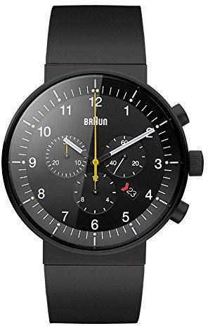 Braun Mens Prestige Chronograph with Date Analogue Quartz Watch, Black Dial and Rubber Strap, 43mm Black Stainless Steel Case, Model BN0095BKBKBKG.