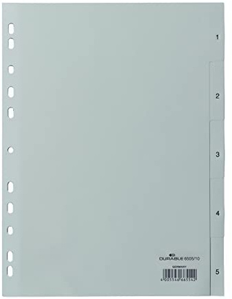 Durable Zahlenregister (A4, geprägte Taben 1-5, PP volldeckend) 25 Stück, grau, 650510 | PP Register für Ordner & Ringbücher, Universallochung, blickdicht, Maße 297 x 230 mm, Dokumentenecht