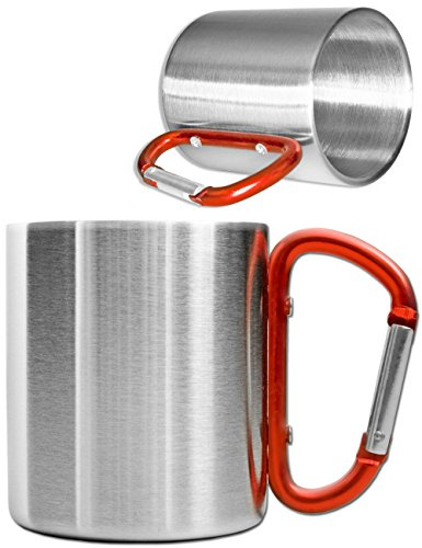 Outdoor Saxx - Robuste Camping-Tasse mit Karabiner-Griff, Edelstahl, 250 ml (silber/rot)