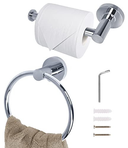 SPDYCESS Wall Mounted Toilet Roll Holder and Towel Ring Set Toilet Paper Holder - 2 Pcs Stainless Steel Bathroom Hardware Accessory for Bathroom Kitchen - Silver