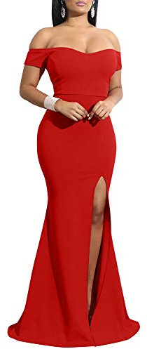 YMDUCH Abito da Sera Lungo Formale da Donna con Spalle Scoperte e Spacco Alto, Rosso, S