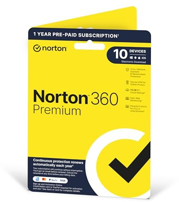 Norton 360 Premium 2023 10 Devices 1 Year with Automatic Renewal Includes Secure VPN Password Manager - PCs, Mac, Smartphones, Tablets by Post