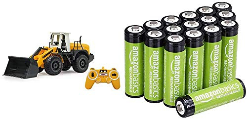 Jamara 405007 - Radlader Liebherr 564 1:20 2,4G - Schaufel Heben/senken/abkippen, realistischer Motorsound, Blinker & Amazon Basics Vorgeladene NI-MH AA-Akkus - Akkubatterien, 2000 mAh, 16 Stck