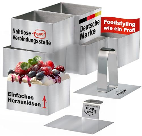 STONELINE Set de 6 Anneaux à Dessert et Anneaux Alimentaires Carée 8 cm, avec 1 Poinçon et 1 Spatule, en Acier Inoxydable, Moule à Aliments (8 x 8 cm) Idéal pour Mousses, Desserts et Accompagnements