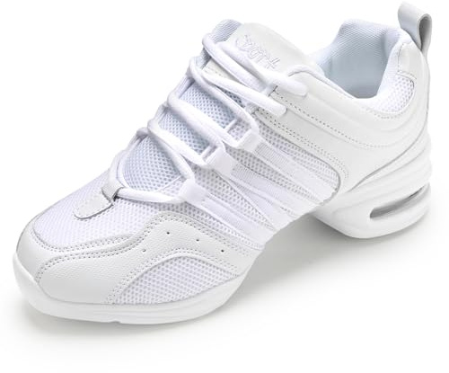 Chaussures de Jazz pour Femmes, Baskets à Lacets-Coussin Respirant Dames Semelles Divisées Chaussures de Danse de Marche Sportive, Blanc, 39 EU