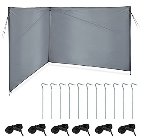 Relaxdays Windschutz, Sichtschutz Camping & Strand, HxB: 1,5 x 4 m, Stahlstangen, Polyester, mit Heringen & Seilen, grau