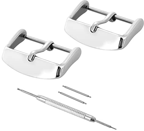 cobee Uhrenarmbandverschluss-Ersatzset 2 Stück Edelstahl-Uhrenarmbänder Ersatzschnalle für Uhrenarmbänder mit 18 mm Bandanstoßbreite Silberner Uhrenarmbandverschluss mit Federsteg-Entferner + 2 Federn