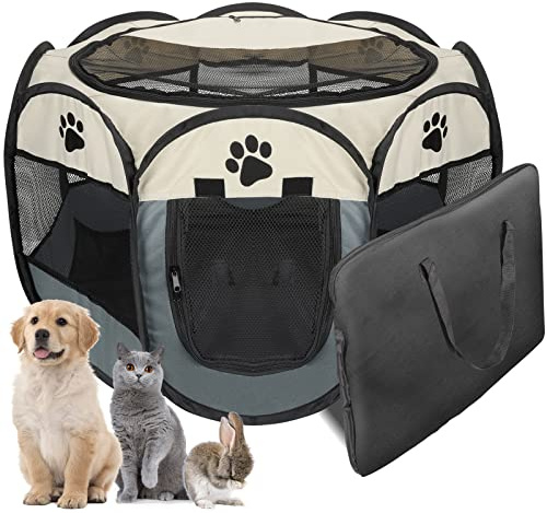 JOiROFLL Portable Puppy Playpen, Dog Cat Pet Pen for Indoors Outdoor Foldable Pet Carrier Exercise Kennel Cage Tent for Rabbit Hamster Guinea Pig 91 x 91 x 58cm, Grey