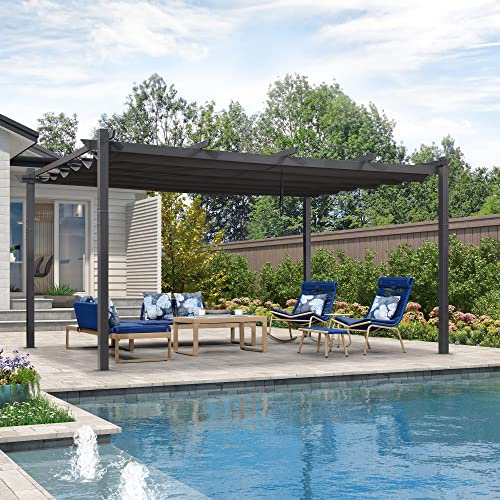 PURPLE LEAF 12' X 16' Outdoor Pergola with Retractable Canopy Aluminum Shelter for Porch Garden Beach Sun Shade Pavilion Grape Trellis Grill Gazebo Modern Backyard Deck Metal Patio Pergola Gray