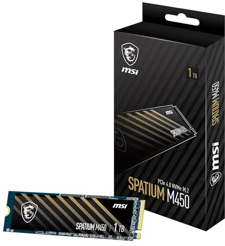 MSI M450 PCIe 4.0 NVMe M.2 1TB V1 - Disque SSD Interne 1 to, PCIe 4.0 NVMe M.2, Lecture 3400 MB/s & Écriture 2400 MB/s, 3D NAND, Sécurité des Données Intégrée, 350 TBW, Garantie 5 Ans