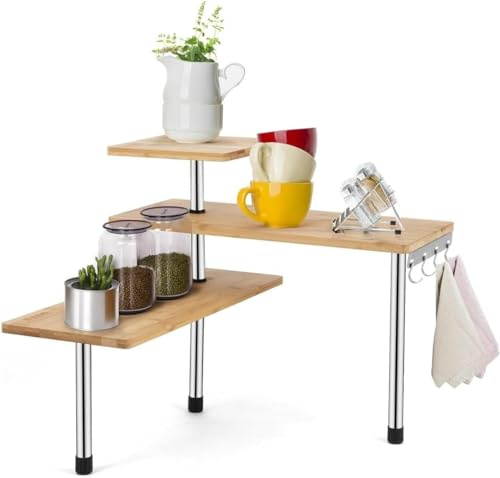 Avilia Mensola Angolare da Cucina in Bambù con 3 Ripiani e Struttura in Acciaio - Mobile Portaspezie Multifunzione con Ganci, Ideale per Spezie, Condimenti e Utensili