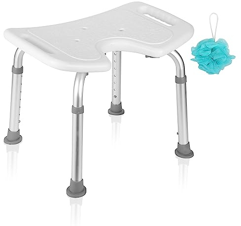 Ansobea Taburete de Ducha para Personas Mayores, 7 Alturas, Altura Regulable, 41 – 56 cm, Silla de Ducha con Corte higiénico Tipo U, Taburete de baño, Estable para la Ducha