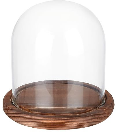 BENECREAT 14x13cm Eternal Transparent Flower Glass Cover, Cloche Dome Micro Landscape with Solid Wood Base for DIY Flower Craft