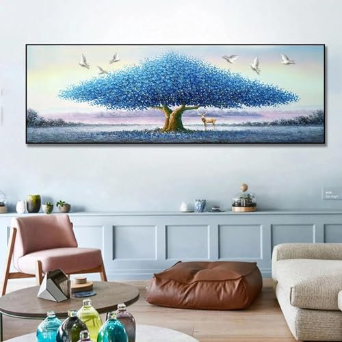 CHAOJIART Modernes, leichtes, luxuriöses, abstraktes Ölgemälde, blauer Geldbaum auf Leinwand, Poster und Druck, Wandkunst, Bild, Nachttischdekoration, 20 x 60 cm, rahmenlos