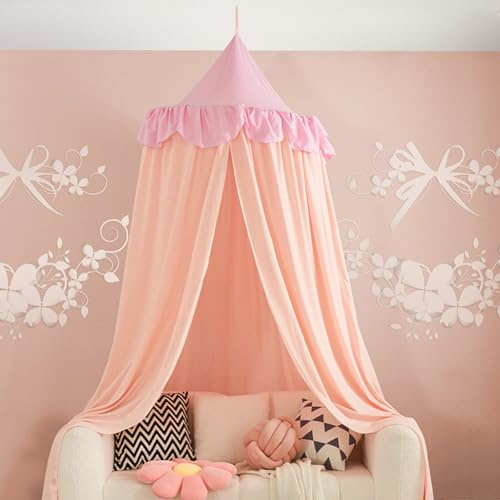 Ricemru Zweifarbig Betthimmel Babybett Blickdicht Rosa Rüschen Baldachin Kinderzimmer Rund Hängende Babys Himmelbett Vorhänge Moskitonetz Insektenschutz für Mädchen und Jungen