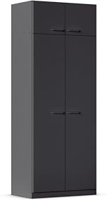Rauch Möbel Prandon, Drehtürenschrank, Kleiderschrank mit Aufsatzelement, Kleiderschränke, Garderobe, 2-türig, mit weiterem Zubehör, Farbe Grau metallic, Schwarz, Schalengriff, 91x235x54cm