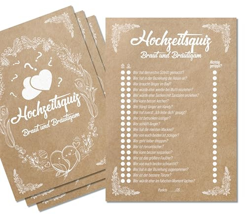 colortouch 50 Karte Hochzeitsquiz, Kraft-Optik Hochzeitsdeko, Hochzeitsspiel für Gäste zum Kennenlernen, Hochzeitsgeschenk für Braut & Bräutigam, 20 witzige Fragen zum Brautpaar für Lacher-Gespräche