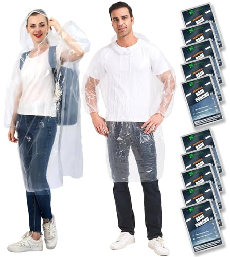 SWOGAA Disposable Rain Ponchos 6/10 Pack for Adults Extra Thick Long Sleeve | Clear Extra Thick PE Material, Long Sleeves with Elastic Cuffs for Travel, Camping, Festivals