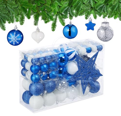 Relaxdays Set 101 Bolas Árbol Navidad, Plástico, Adornos Navideños con Bolitas y Estrella, Decoración, Azul/Blanco, Varios tamaños