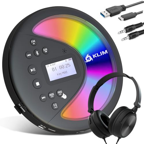 KLIM Discover con le Cuffie + Lettore CD HiFi portatile + NUOVO + Radio FM + Compatibile con MP3 CD Audiolibri + Lettore CD per auto + Supporta Bluetooth per Auto, scheda SD, Trasmettitore FM