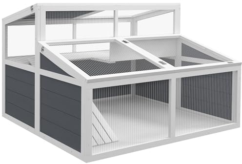 PawHut Haus Gehege Käfig für Kleintiere Schildkröte mit 2 Räumen Polycarbonat-Dach, 3 Türen, Rampe, 115 x 115 x 82 cm - grau