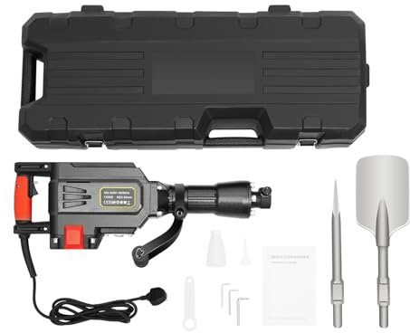 CCAUUB 1700W 220V Electric Jack Hammer, Heavy Duty Demolition Concrete Breaker, Jack Drill Chipping Hammer with Replaceable Bits (1* Scraping Chisel & 1* Point Chisel)