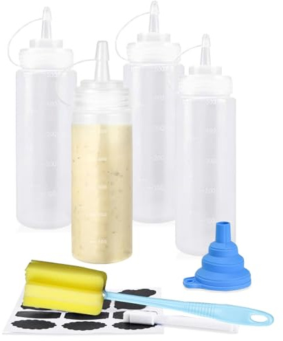 CafullCon 4 Stück 16oz Squeeze Flasche, 500ml Kunststoff Quetschflasche mit Kappen, Wiederverwendbar Kein Leck groß Saucenflasche mit Reinigungsbürste & Aufklebern für Ketchup Condiment Malen Olivenöl