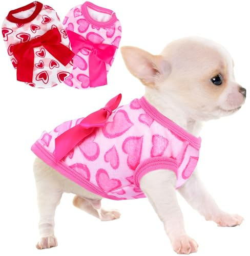 2Pieces Valentine's Day Dog Sweater for Small Dogs Heart Print Furry XXS Dog Clothes Chihuahua Puppy Sweaters with Bowknot Teacup Chihuahua Yorkie Puppy Clothes XXS Pet Sweater (Heart, XX-Small)