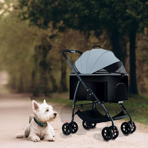 2-In-1 Klappbarer Hundebuggy Für Kleine & Mittelgroße Hunde/Katzen Bis 15Kg | Faltbarer Haustierwagen Mit Netzfenstern, Abnehmbarer Tragetasche & Unterem Korb | 56x24x61 Cm Grau