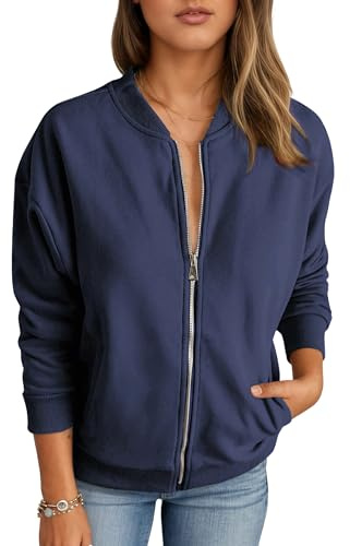 Timuspo Sudaderas con cremallera para mujer, chaqueta bomber de moda, manga larga, holgada, abrigos casuales con bolsillos, azul marino, XL