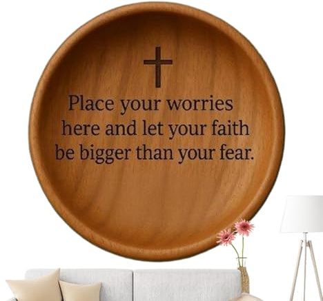 Jukeoiu Cuenco de oración, decoración religiosa con cruz grabada, cuenco de bendición de madera, para el hogar, sala de estar, dormitorio, entrada, iglesia, bautizo, altar