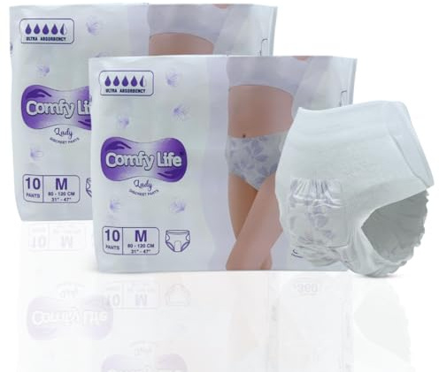 Comfy Life Lady Pants for Women – Menstrual, Incontinence & Maternity Postpartum Underwear | Adult Nappies with Elastic Waistband, Adjustable Tape, ADL & Tospin Lift – Medium 2 Pack (20 Pcs)