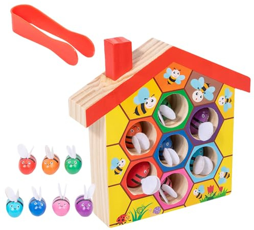 Yiohejy Wooden Bee Hive Toy, Wood Color Sorting Puzzle, Clamp Bee Matching Game, Color Recognition Activities, Early Learning Preschool Educational Toy For Kids Over 3