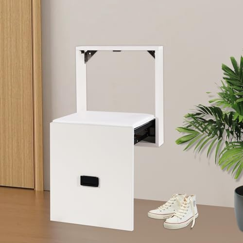 Gdetnysty Wandhocker Klappbar Faltbarer Schuhwechselhocker 150kg Tragkraft Wandmontage Flur Eingangsbereich Ultradünn PVC Sitz Komfortabel Spanplatte 15mm Stuhl Bank (Reines Weiß)