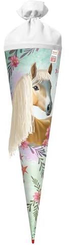 ROTH Schultüte 70 cm groß mit Motiv Pferd Bella – runde Zuckertüte zur Einschulung mit Filzverschluss, Stabiler Rot(h)-Spitze und detailreicher Wollmähne
