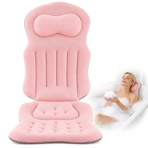 Badkudde för badkar, 62 × 67 × 38 cm badkarskudde helkropp med nackstöd, tjock nackkudde med sugkoppar, badkarskudde stöder nacke rygg ben (rosa)