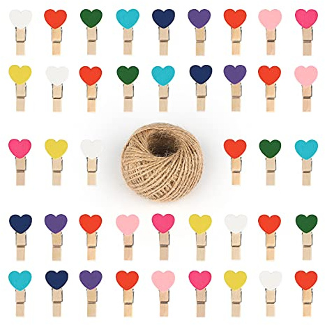 100 Pcs Mini Wooden Heart Pegs - 3.5cm & 30m Jute String for Arts & Crafts, Weddings & Events
