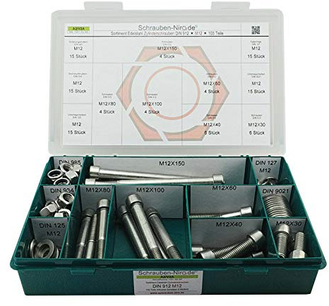 Set DIN 912 Zylinderkopfschrauben M12 Edelstahl A2 mit Muttern + Scheiben | Sortiment M12 DIN 912 Zylinderschrauben (Innensechskant) Unterlegscheiben (DIN 125, 127, 9021) Muttern DIN 934, 985 144 Teile