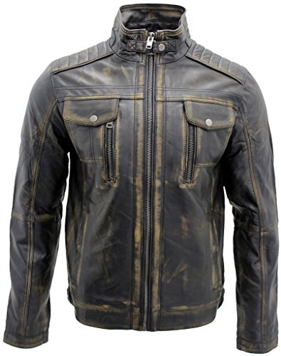 Hommes Vintage Veste motard en Cuir Noir L