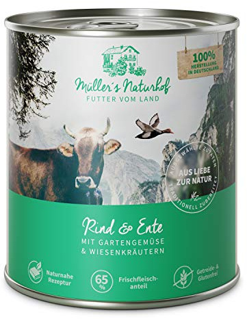MÜLLER'S NATURHOF – Rind | Nassfutter mit natürlichen Zutaten und wertvollen Superfoods für ausgewachsene Hunde. Getreidefreies Alleinfutter ohne Zusatzstoffe in der Dose | 6x800g Rind