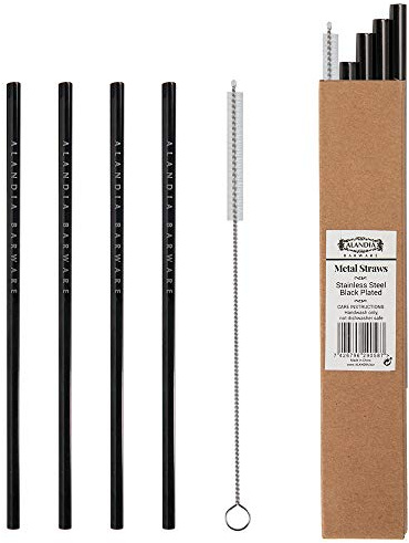 Metall Strohhalm wiederverwendbar von ALANDIA | Edelstahl schwarz | 4 Trinkhalme Reinigungsbürste | Ideales Set für Gin Tonic Gläser und super als Geschenk