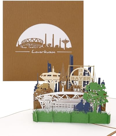 Pop-Up Karte „Leverkusen – Skyline“ 3D Geburtstagskarte als Souvenir, Postkarte, Fanartikel, Geschenkgutschein & Einladung