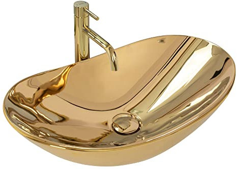 Rea Waschbecken Waschtisch Aufsatzwaschbecken Keramik Handwaschbecken Aufsatz Waschschale Oval Gold 36x60