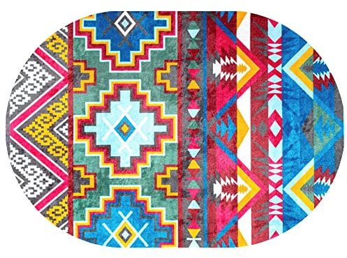 Rururug Teppich Oval Moderner Läufer Orientteppich Kurzflor Flur Schlafzimmer Küche Wohnzimmer rutschfest Waschbar,Blau-gelb-rot-graues, buntes geometrisches Design, Oval 80 x 150 cm