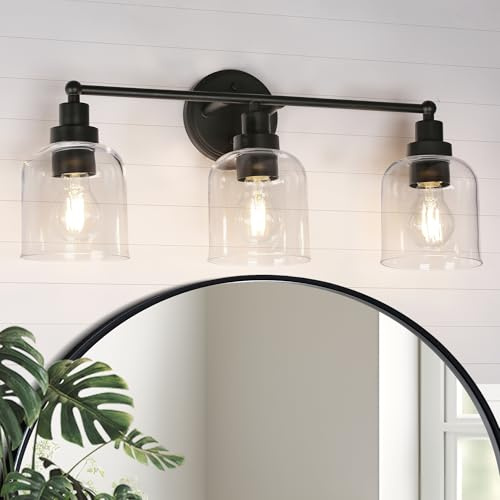 GEPOW Bathroom Wall Light Fixtures, 3-Light Black Vanity Light with Clear Glass Shade, Modern Farmhouse Wall Lamp Over Mirror for Hallway, Kitchen, Bedroom and Living Room