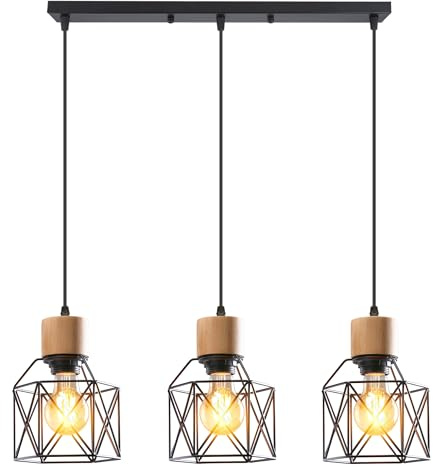 iDEGU Hänglampa med 3 lampor, vintage av trä, metalllampa i industriell design, bur lampskärm E27 taklampa, retro pendellampa för matsal, kök, vardagsrum (trä, balkar, svart)