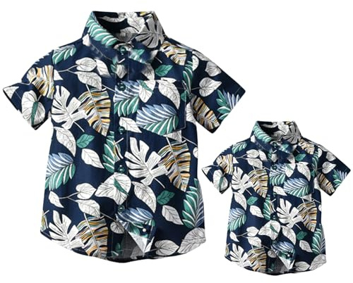 Winmany Chemises hawaïennes pour famille père et fils - Vêtements de plage assortis - Imprimé floral tropical et feuilles, bleu, 1-2T