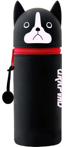 QRKPVHD 2 in 1 Weiche Silikontasche Kawaii Federmäppchen- Tischstifthalter, Reißverschluss, Silikon, Stiftetasche Buntstifte Marker, Büro, Uni, niedlicher Schulbedarf, Mädchen schwarzer Hund